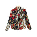 Bow Skinny Full Sleeve Single-breasted Patchwork Printed Women Blouses